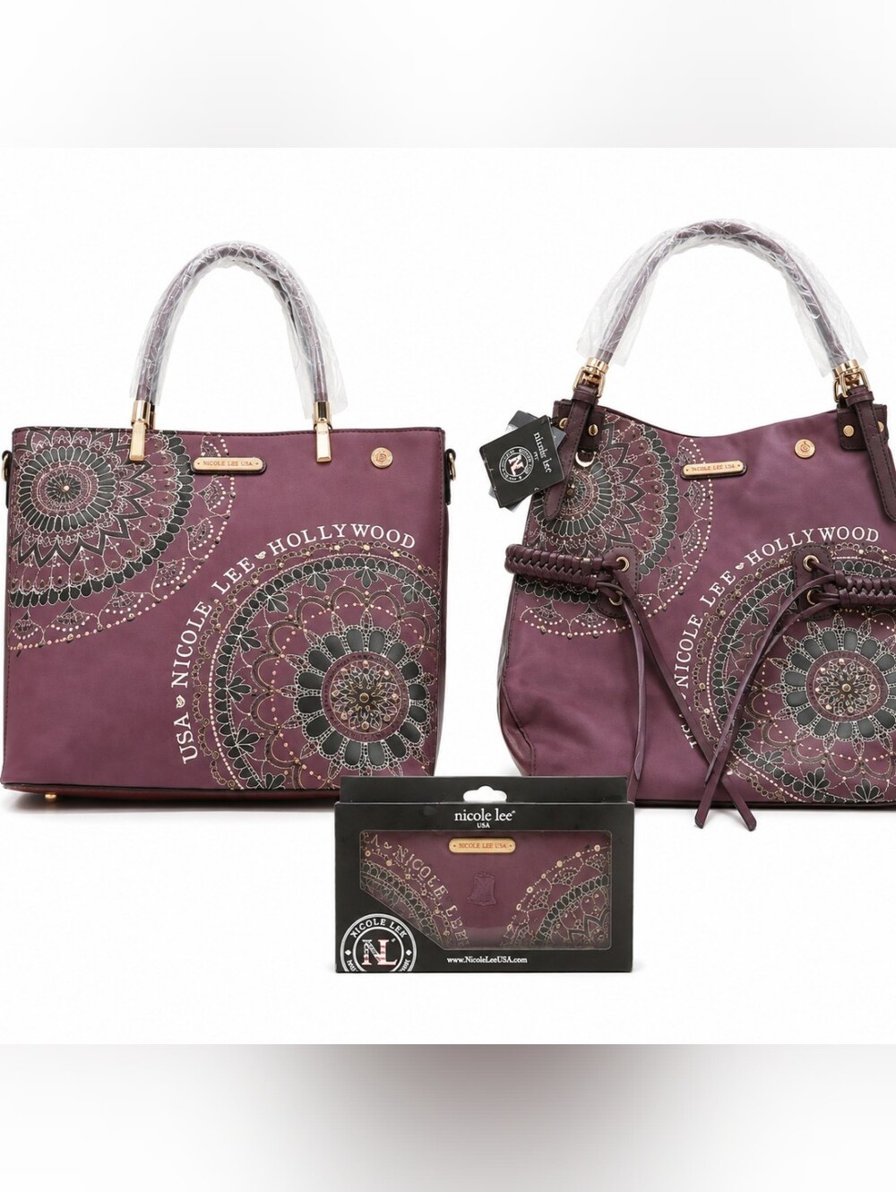 Nicole Lee - BRAND NEW - Burgundy Floral Mandala Satchel, Tote & Wallet Set